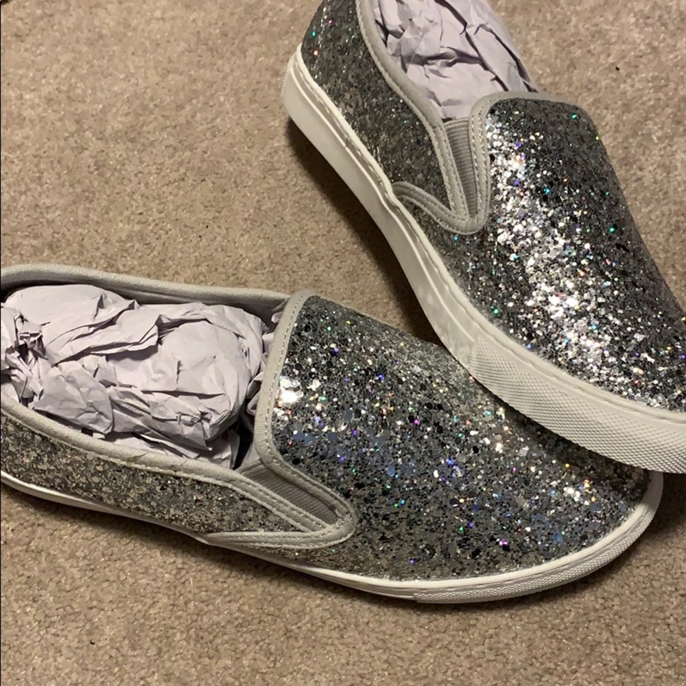 New in box silver glitter slip ons
